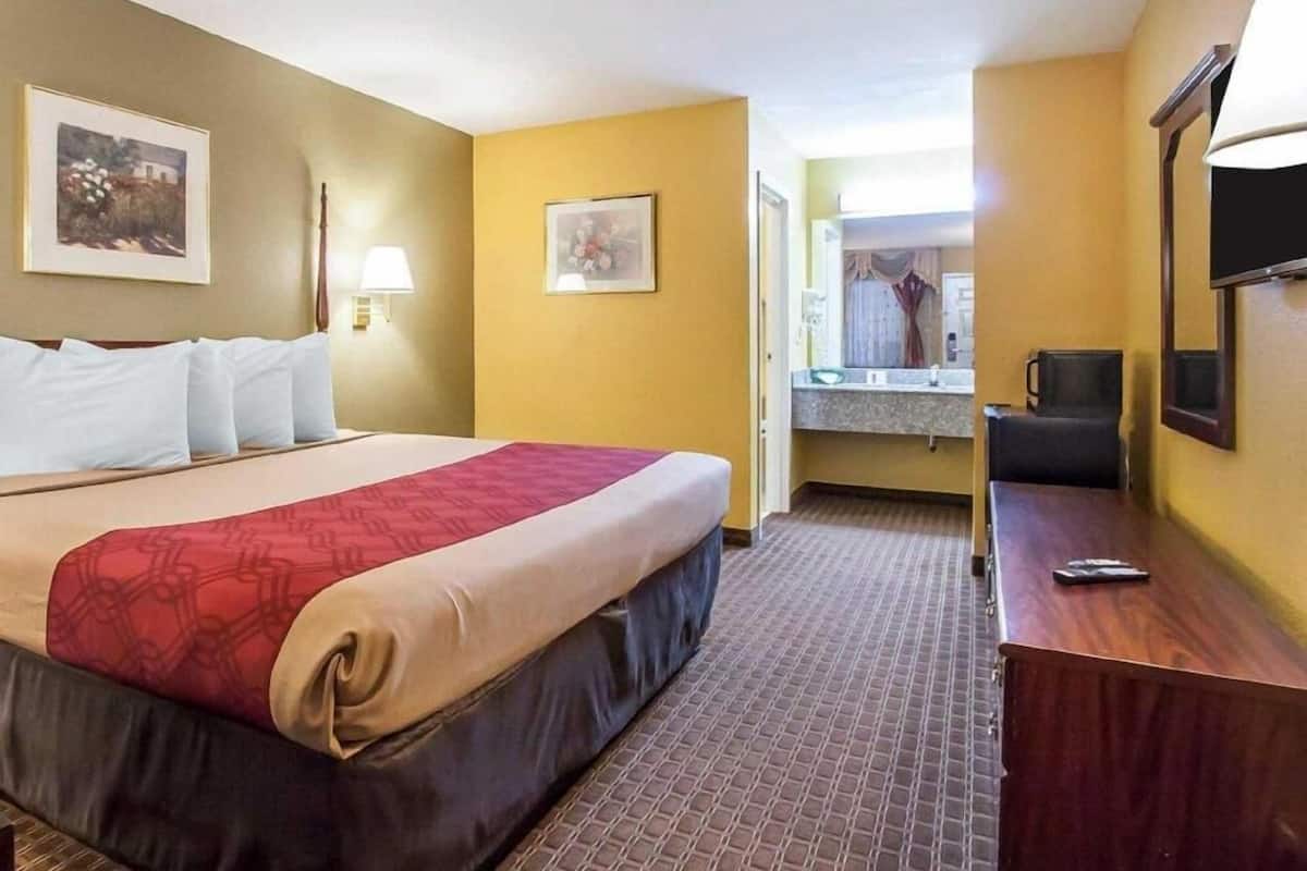 A hotel room with a bed, a desk, a mirror, and a bathroom visible through an open door.