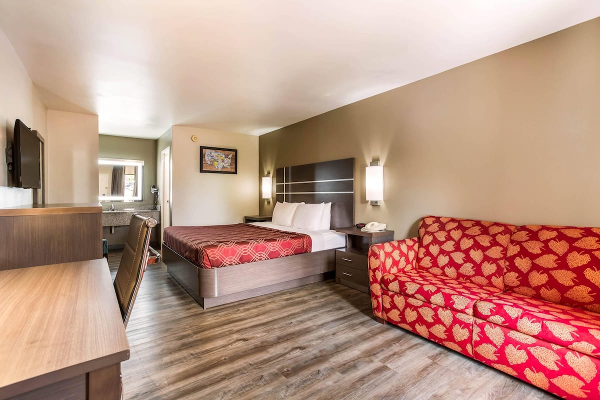A hotel room with a bed, a desk, a sofa, and a TV.