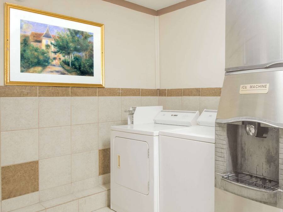 A laundry area with a washer and dryer, a water fountain, and a framed painting on the wall.