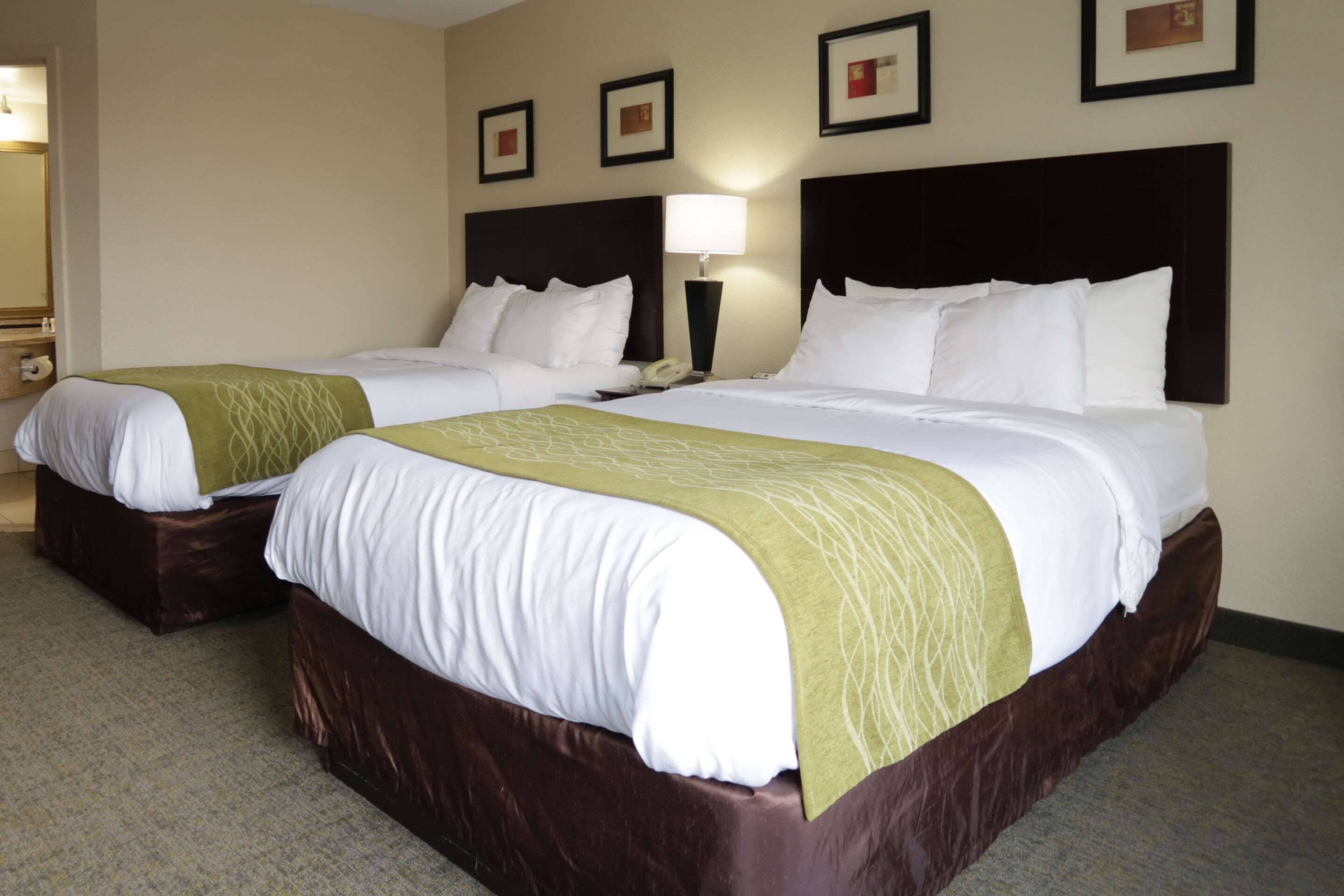 A hotel room with two beds, each with a brown headboard and white bedding. There is a nightstand with a lamp between the beds.