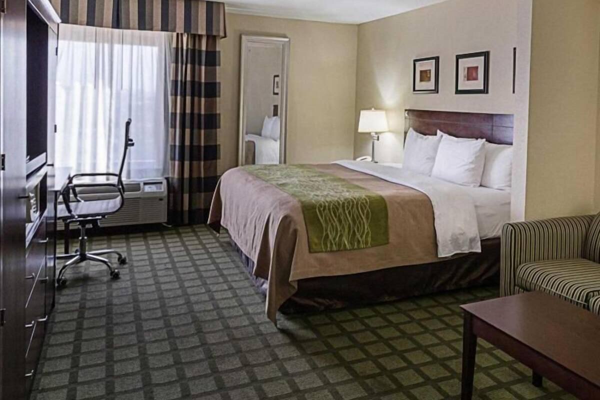 A hotel room with a bed, a desk, a chair, a lamp, and a couch.