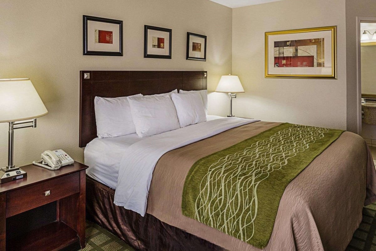 1 slaapkamer, een bureau, een laptopwerkplek