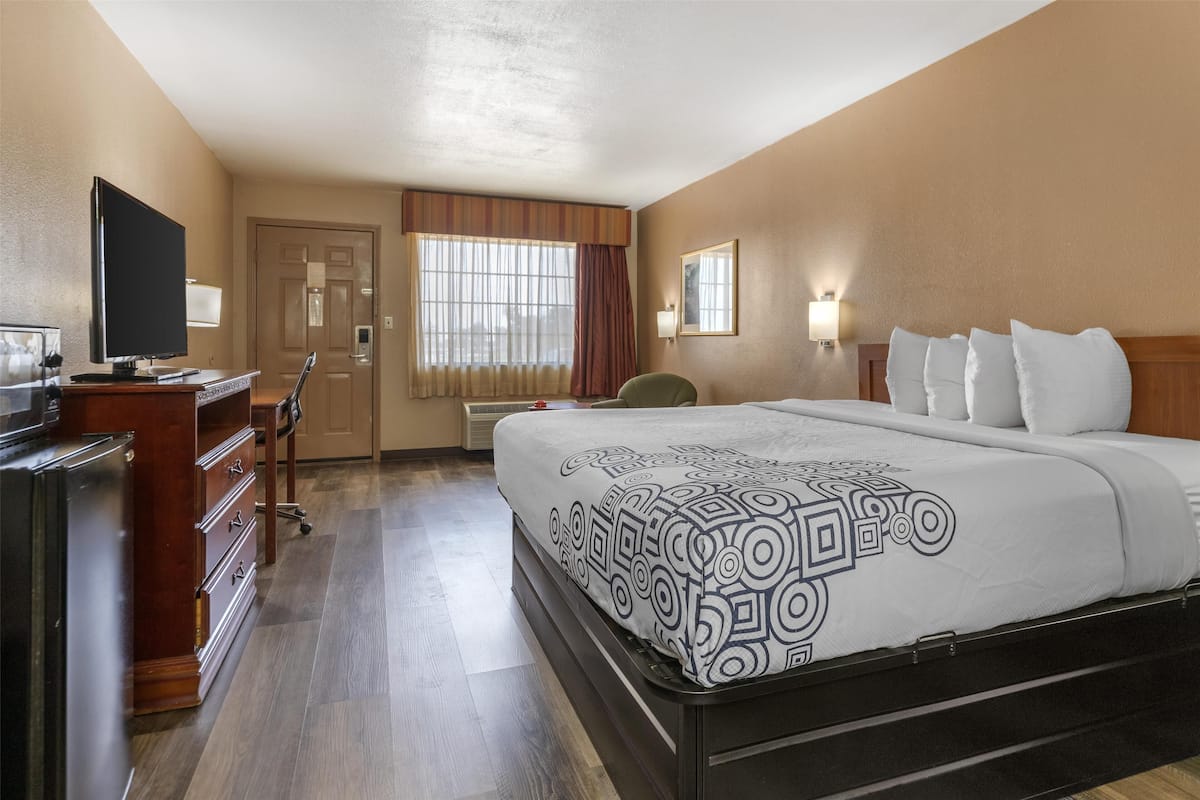 A hotel room with a large bed, a desk with a computer, a TV, and a door.