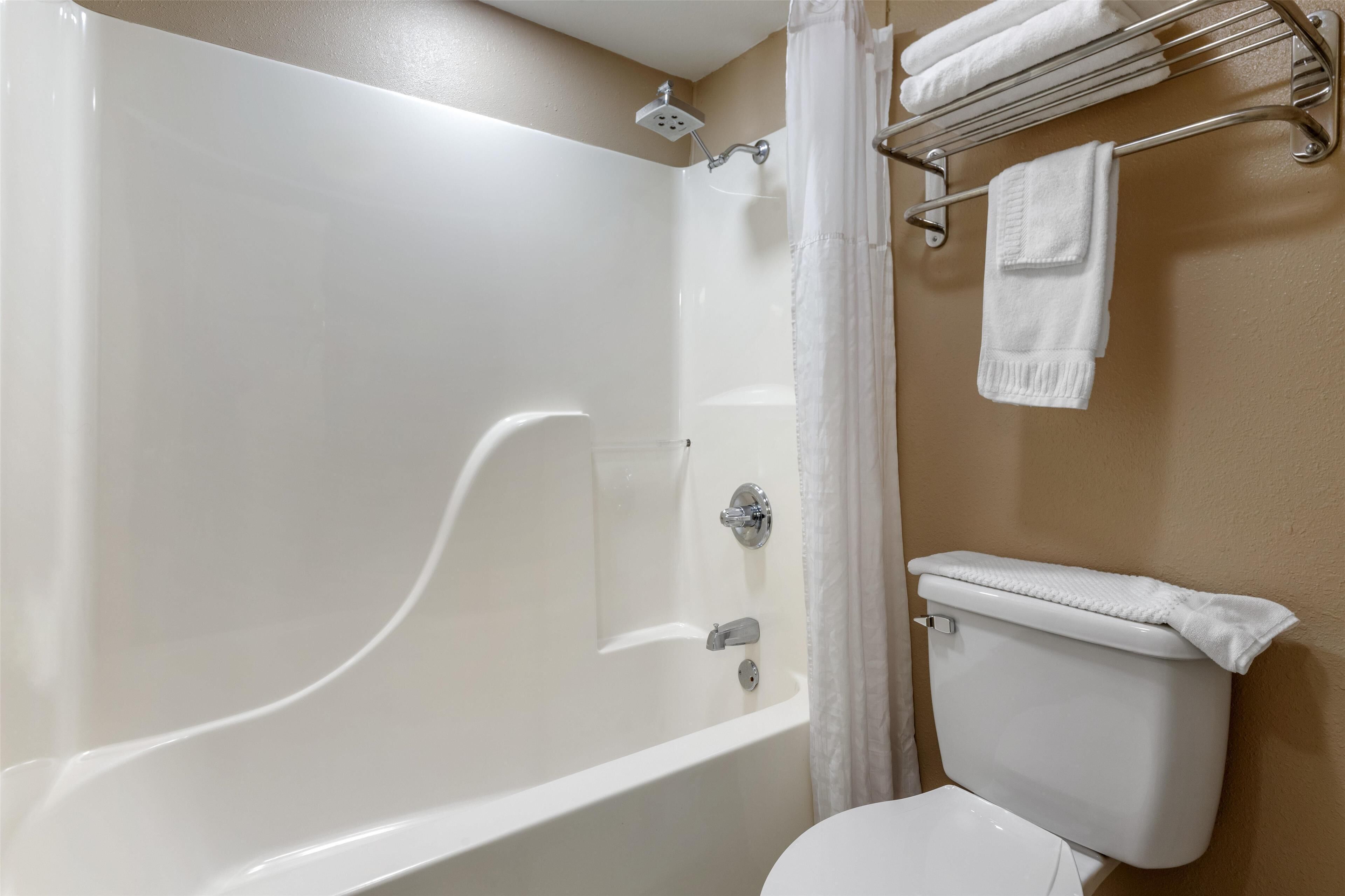 combined shower/bathtub, free toiletries, hair dryer, towels