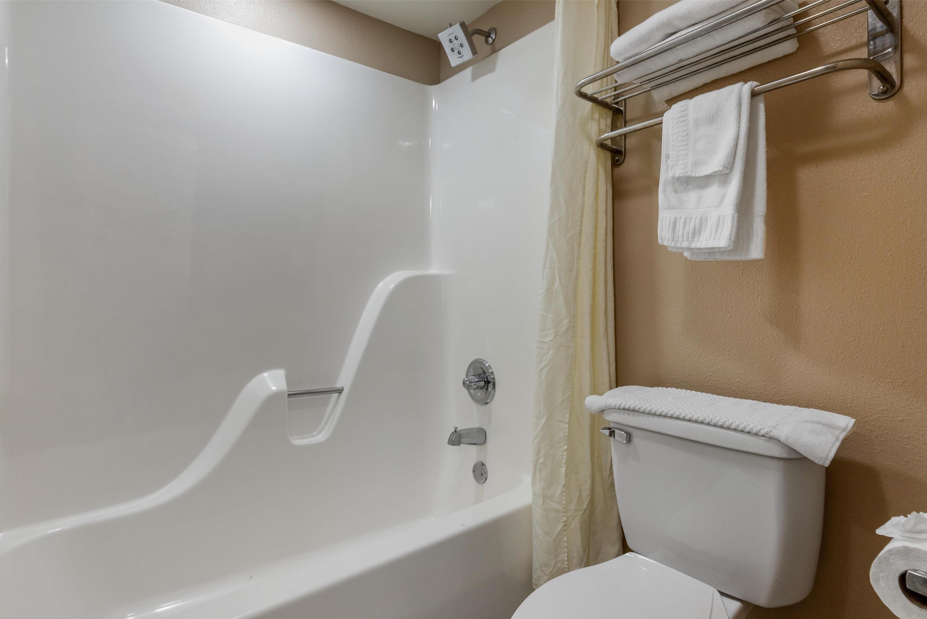 combined shower/bathtub, free toiletries, hair dryer, towels