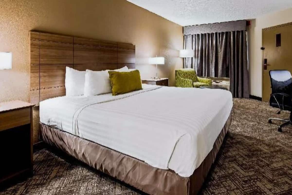 A hotel room with a large bed, a desk, a chair, a TV, and a lamp.