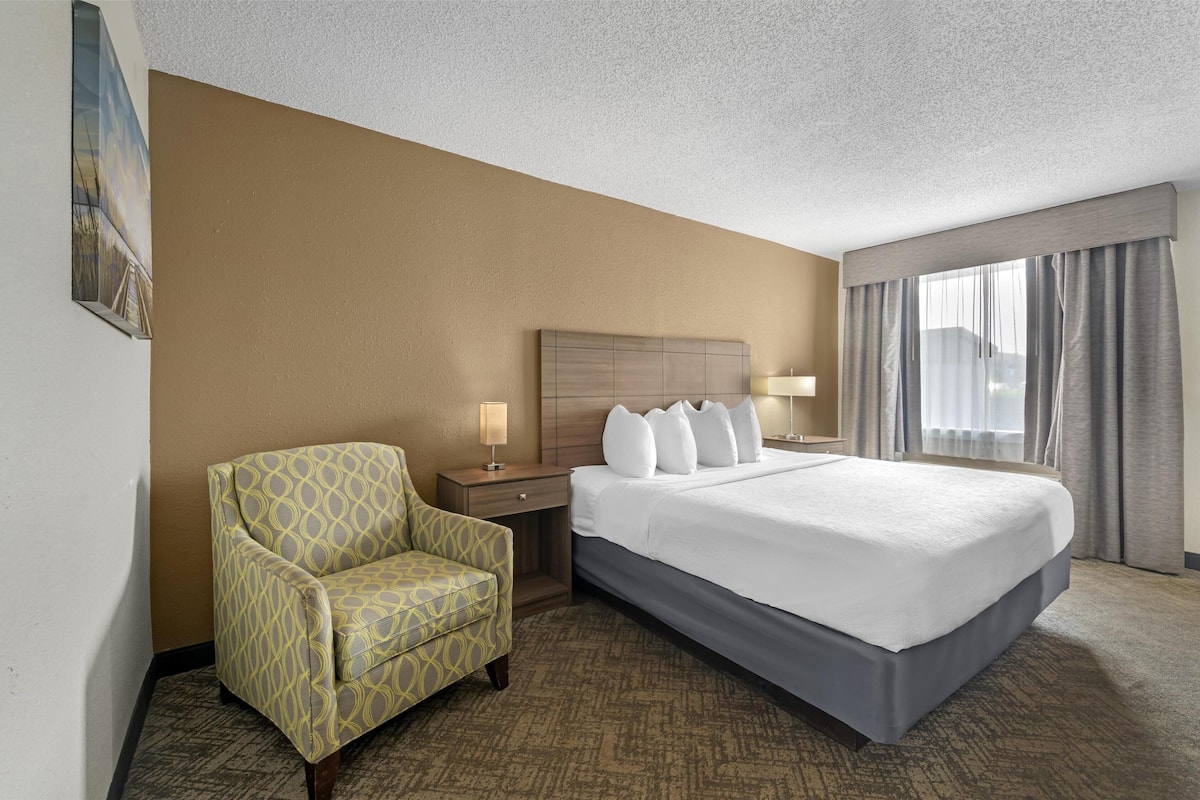 A hotel room with a large bed, a bedside table with a lamp, a patterned armchair, and a view of the outdoors through the window.