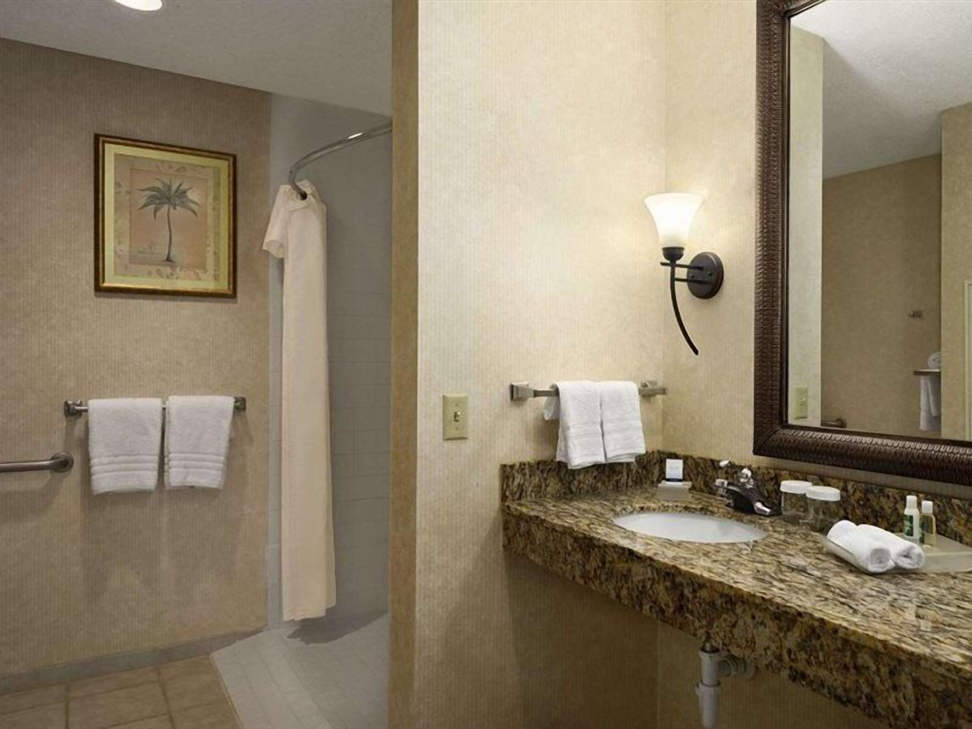 Combined shower/tub, free toiletries, hair dryer, towels