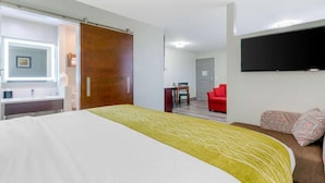 A hotel room with a bed, a desk, a chair, a TV, and a wardrobe.