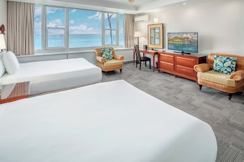Suite, 2 Queen Beds, Oceanfront | Desk, laptop workspace, blackout drapes, iron/ironing board at Maui Beach Hotel