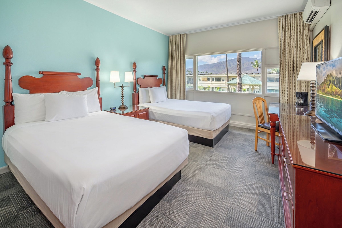 Room, 2 Double Beds, Garden View | Desk, laptop workspace, blackout drapes, iron/ironing board