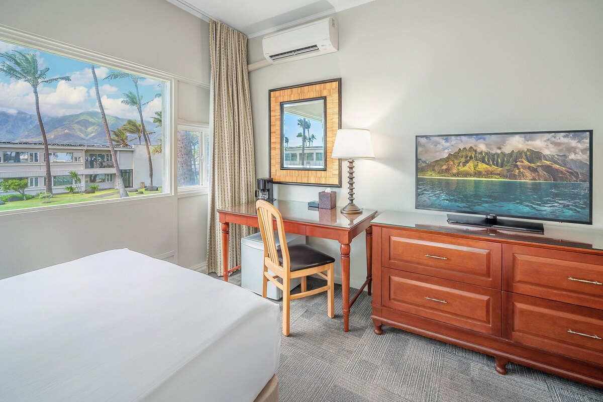 A hotel room with a bed, a desk with a chair, a television, a desk lamp, a framed picture, and a view of a building and palm trees.