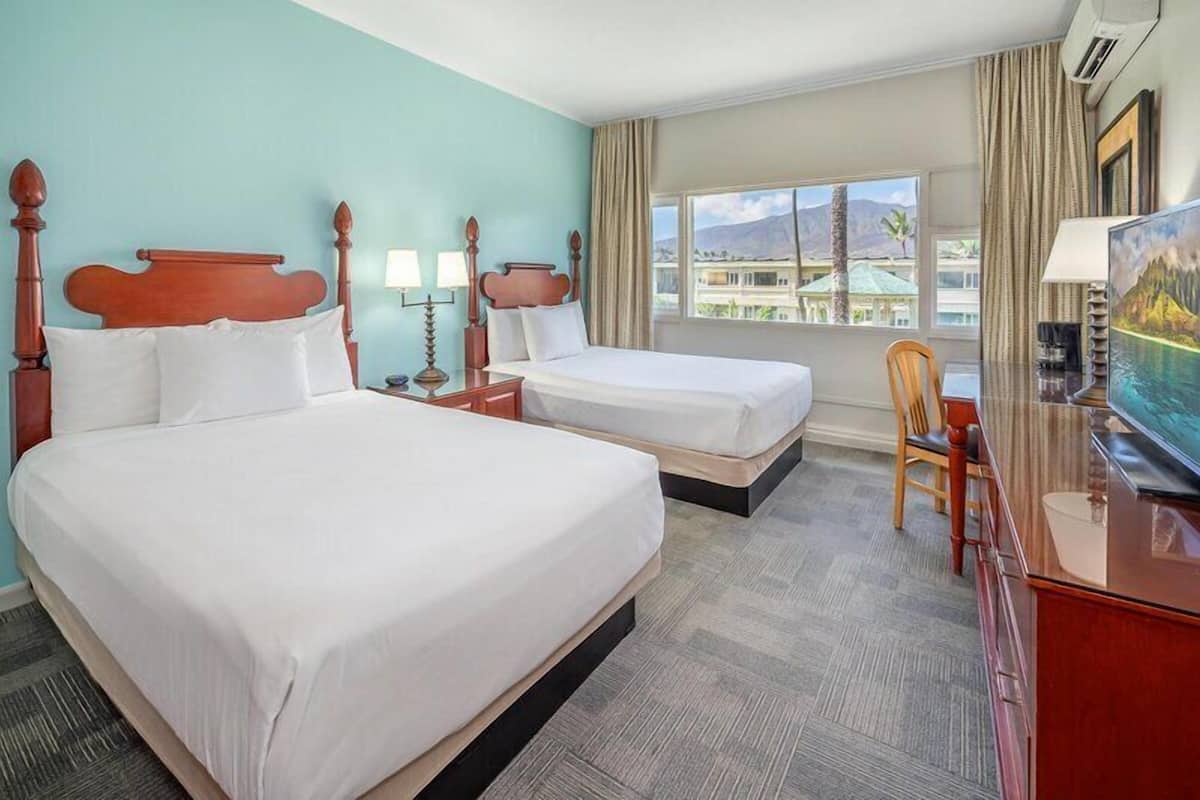 Room, 2 Double Beds, Garden View | Desk, laptop workspace, blackout drapes, iron/ironing board