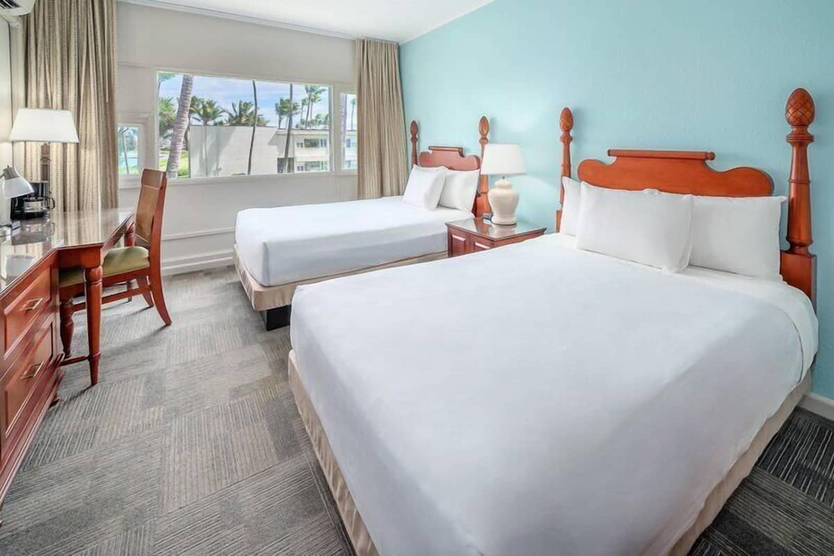 Room, 2 Double Beds, Ocean View | Desk, laptop workspace, blackout drapes, iron/ironing board