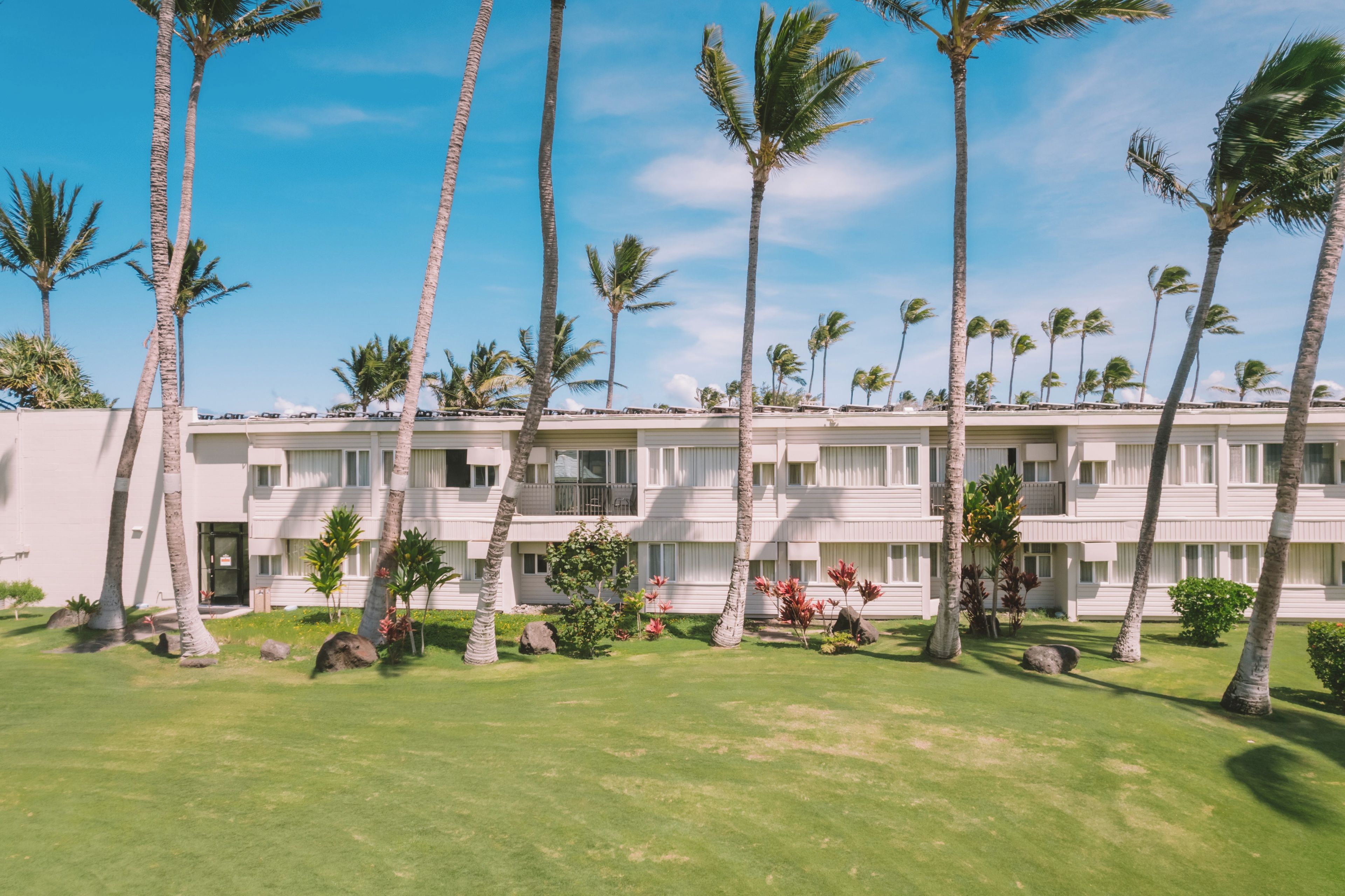 Un hotel con edificios de varios pisos, rodeado de palmeras y césped bien cuidado.