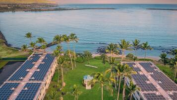 Ein Resort mit Solaranlage, Palmen und Blick auf den Ozean.