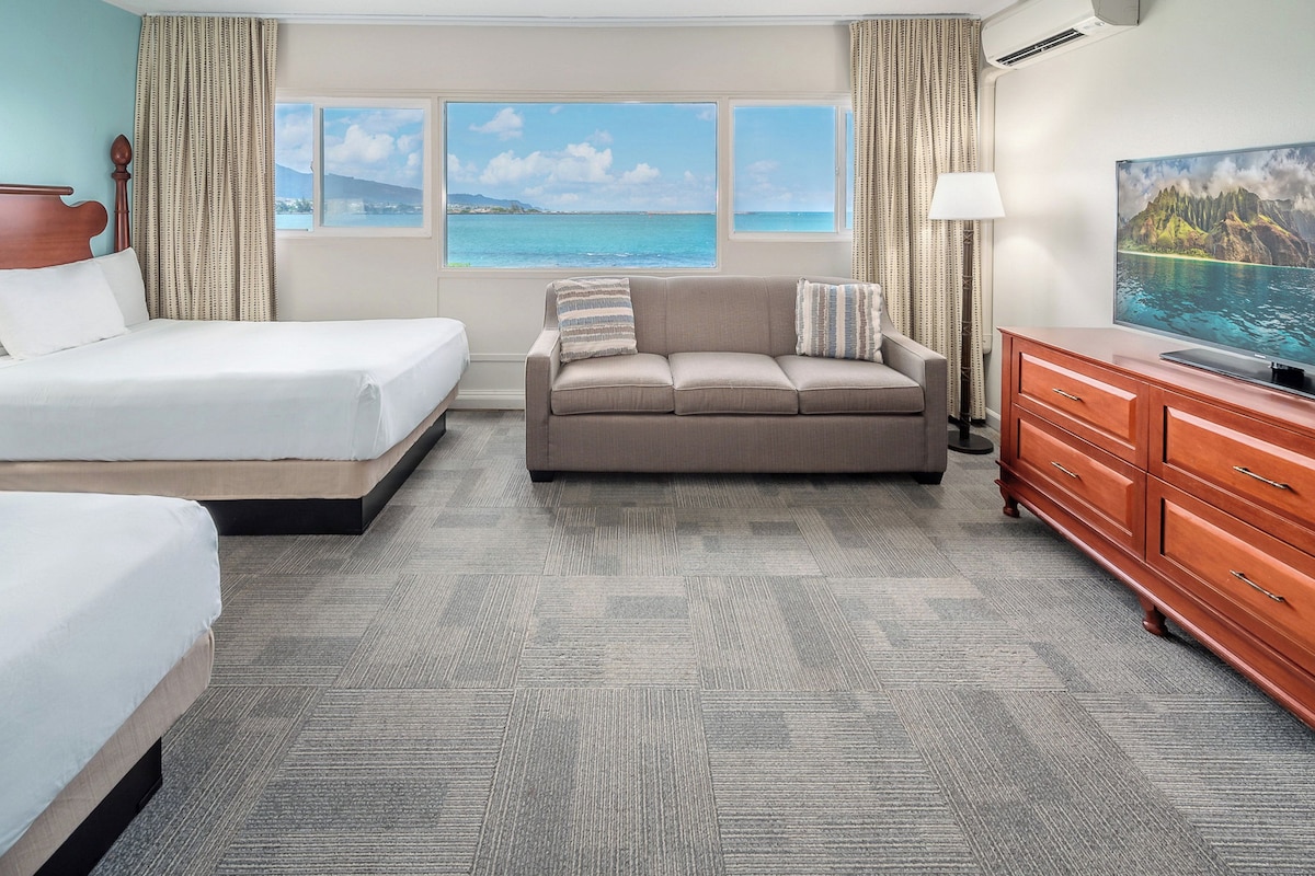 Room, 2 Double Beds, Oceanfront | Desk, laptop workspace, blackout drapes, iron/ironing board