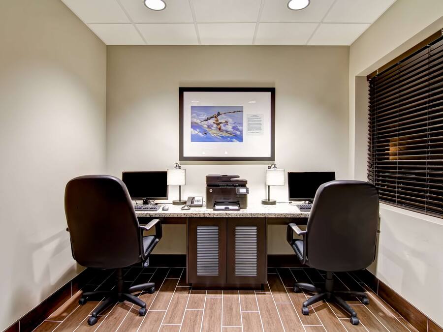 Una sala conferenze con un lungo tavolo, due sedie, due monitor, una stampante e un quadro incorniciato appeso al muro.