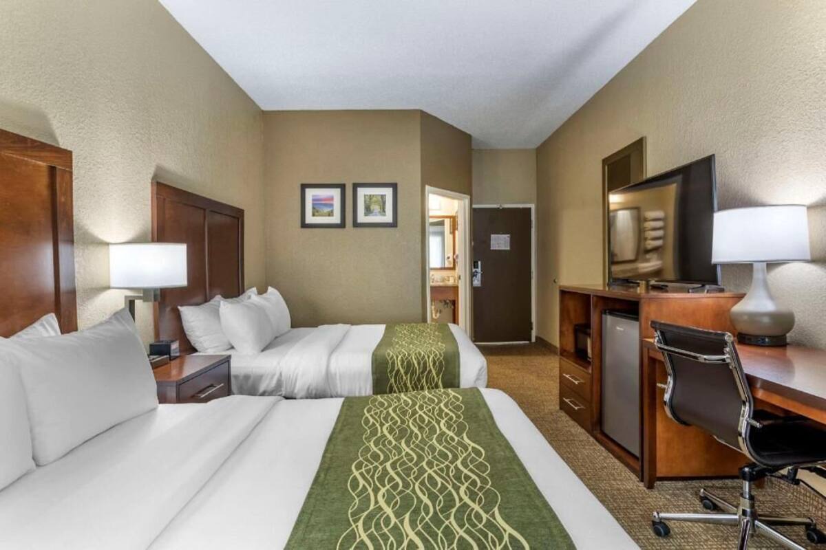 A hotel room with two beds, a desk, a chair, a TV, and a bathroom visible through an open door.