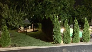 A nighttime view of a landscaped area with trees, a pool, and outdoor furniture.