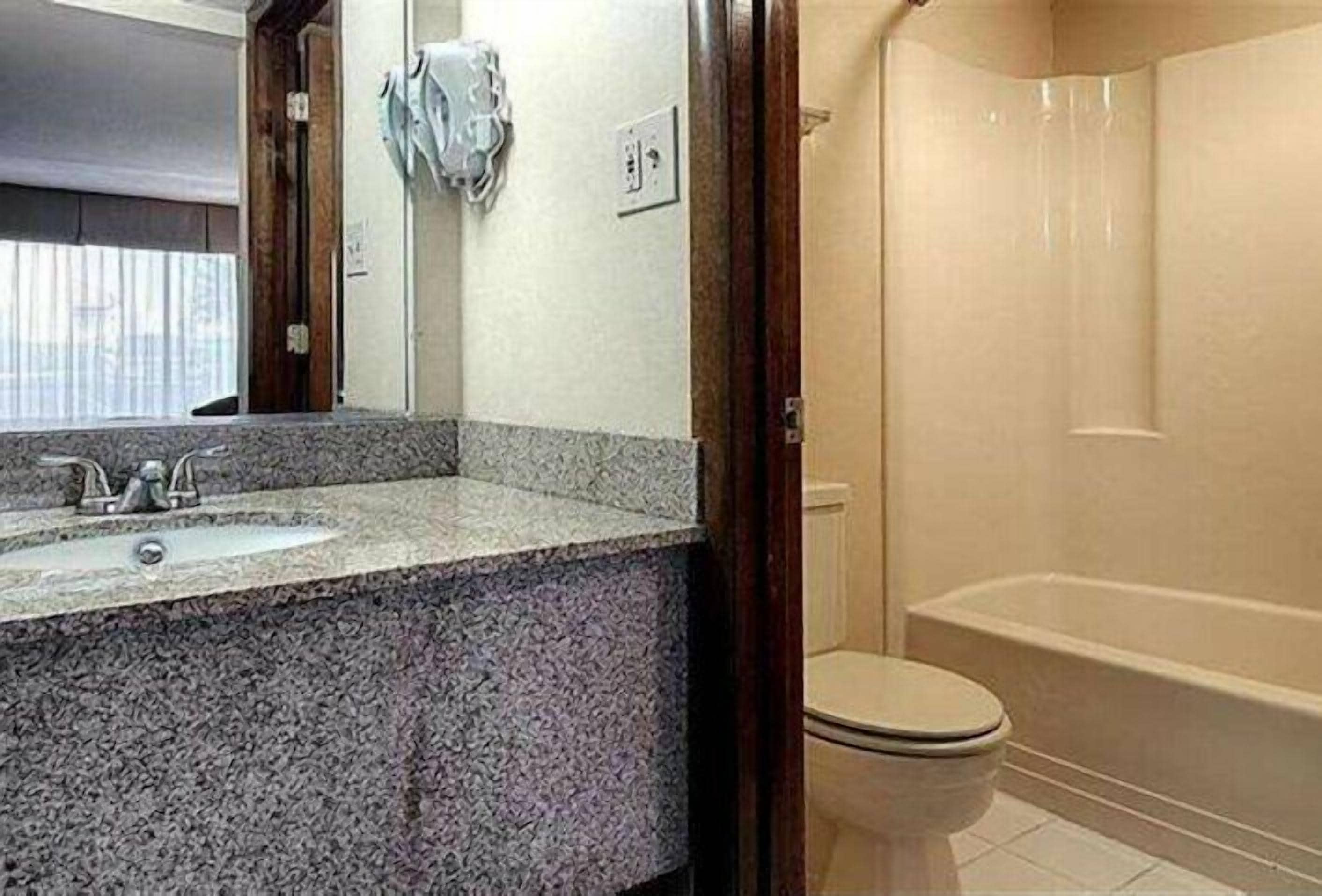Et badeværelse med vask i granit, toilet og badekar.
