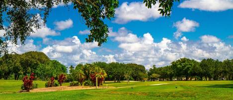 A golf course with a clear sky, lush green grass, and trees in the background.