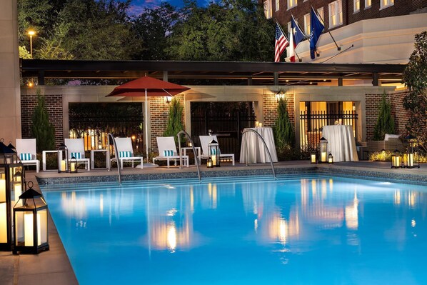 Outdoor pool, pool umbrellas, pool loungers