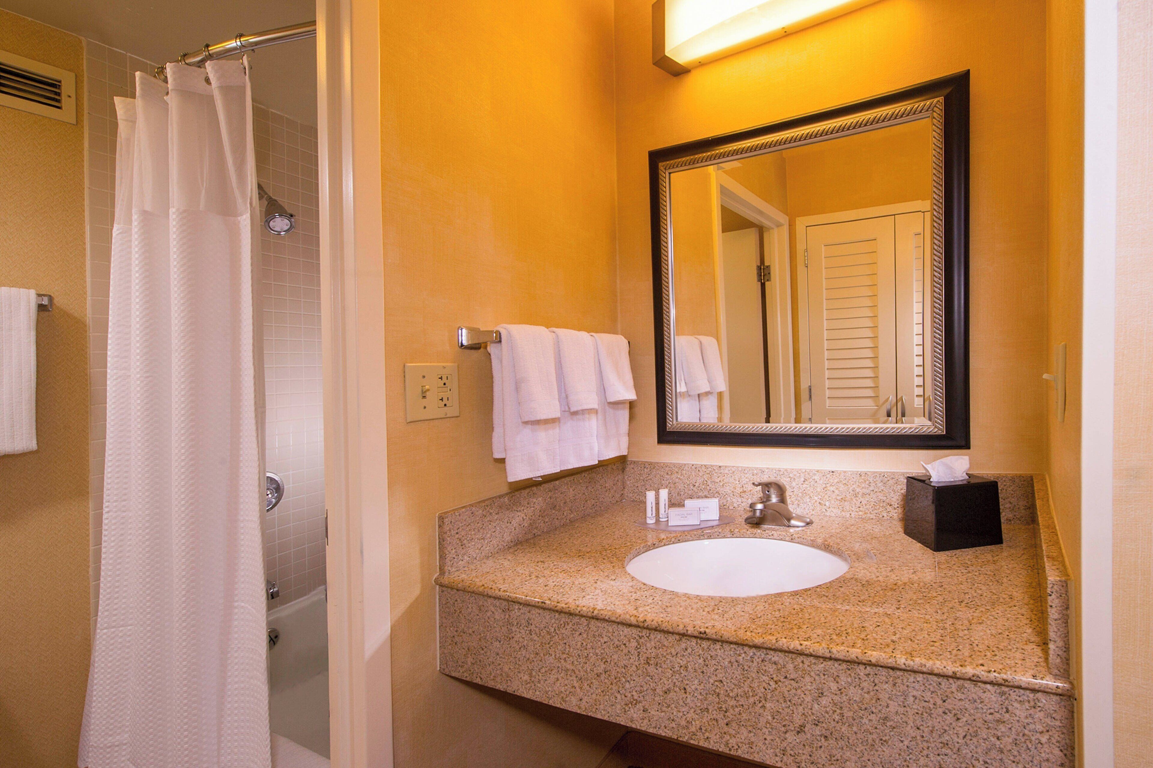 combined shower/bathtub, free toiletries, hair dryer, towels