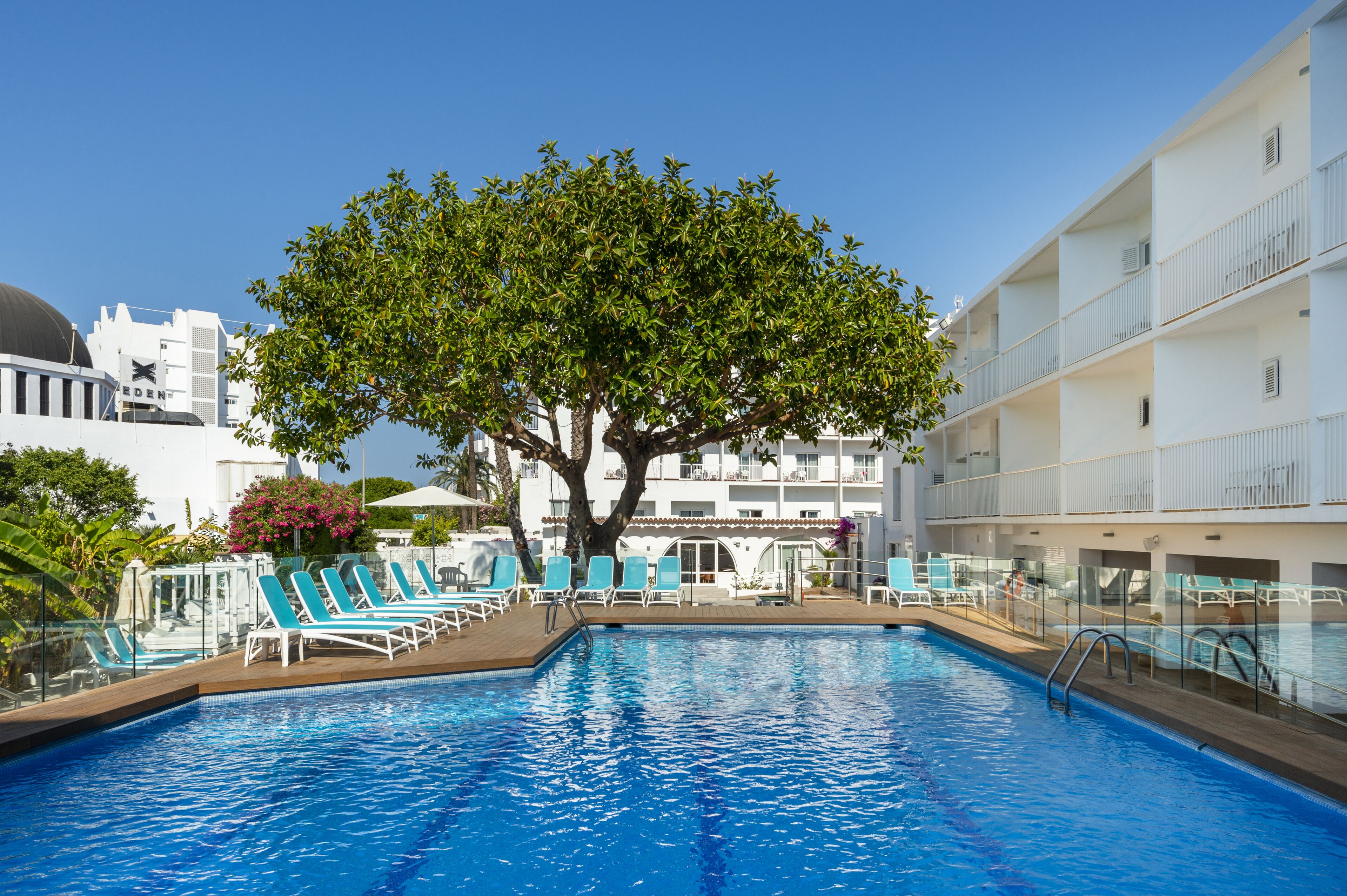Una piscina con agua azul, rodeada de edificios blancos, un árbol grande y sillas de descanso azules.