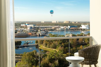 Hotel room view looking out at Hilton Orlando Buena Vista Palace Disney Springs Area