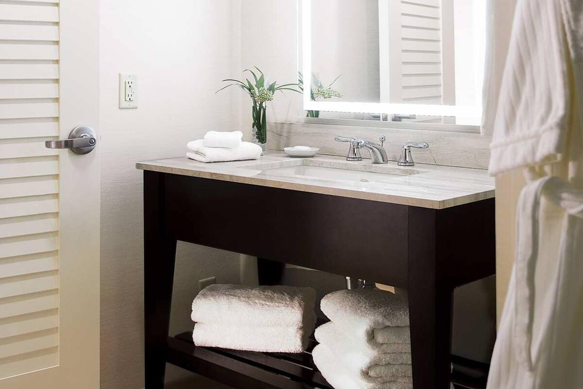 Un bagno con lavandino, specchio, porta asciugamani e una pianta.