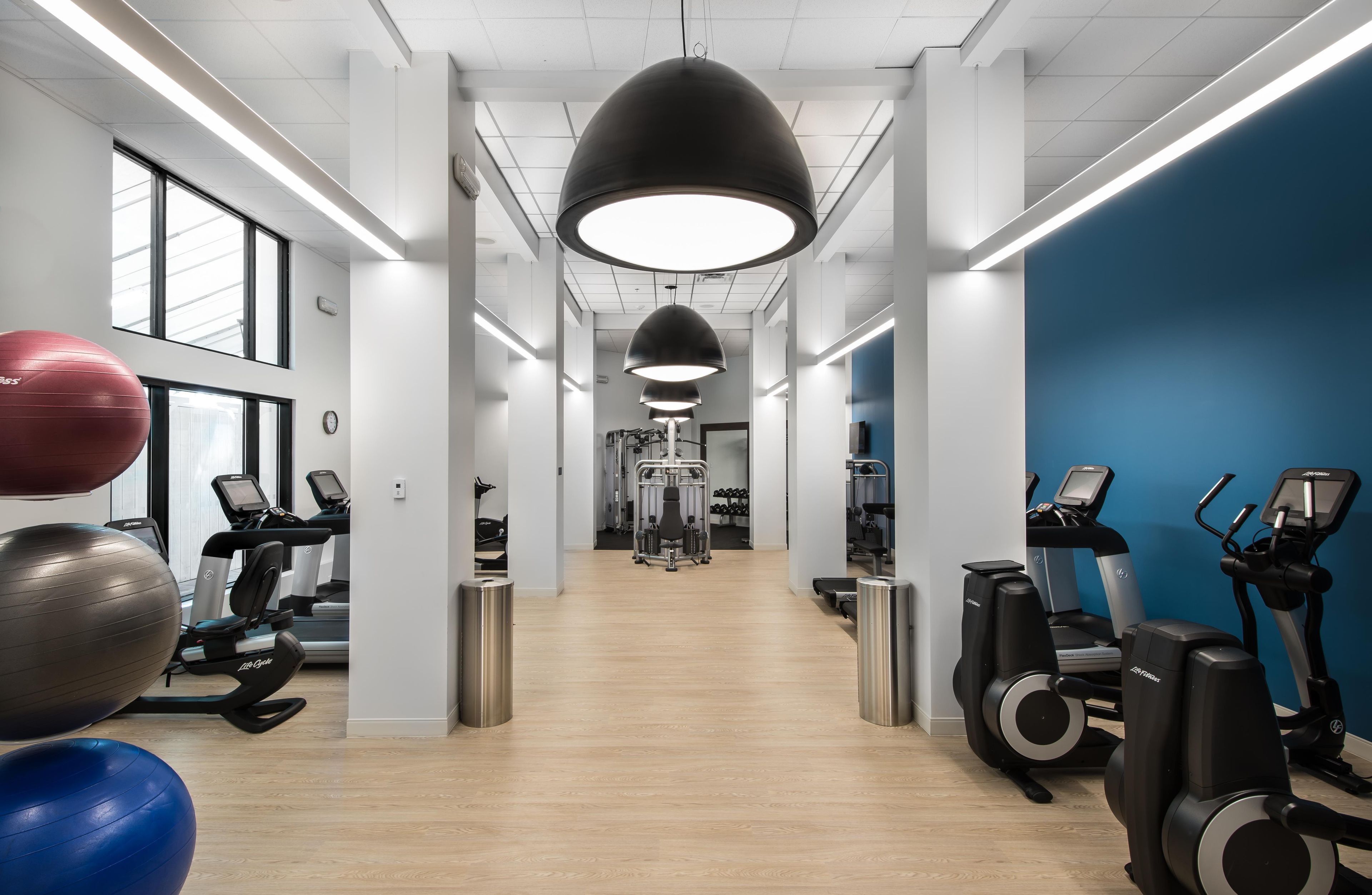 A gym with treadmills, exercise balls, and weight machines.