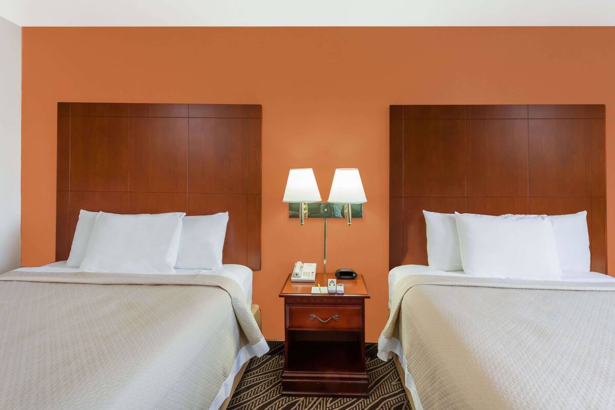 A hotel room with two beds, a nightstand with a lamp, and a wall-mounted phone.