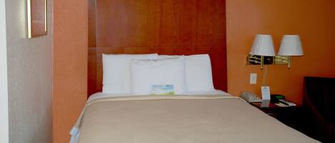 Habitación de hotel con una cama grande, cabecera de madera, dos lámparas de noche y una mesita de noche con teléfono y lámpara.