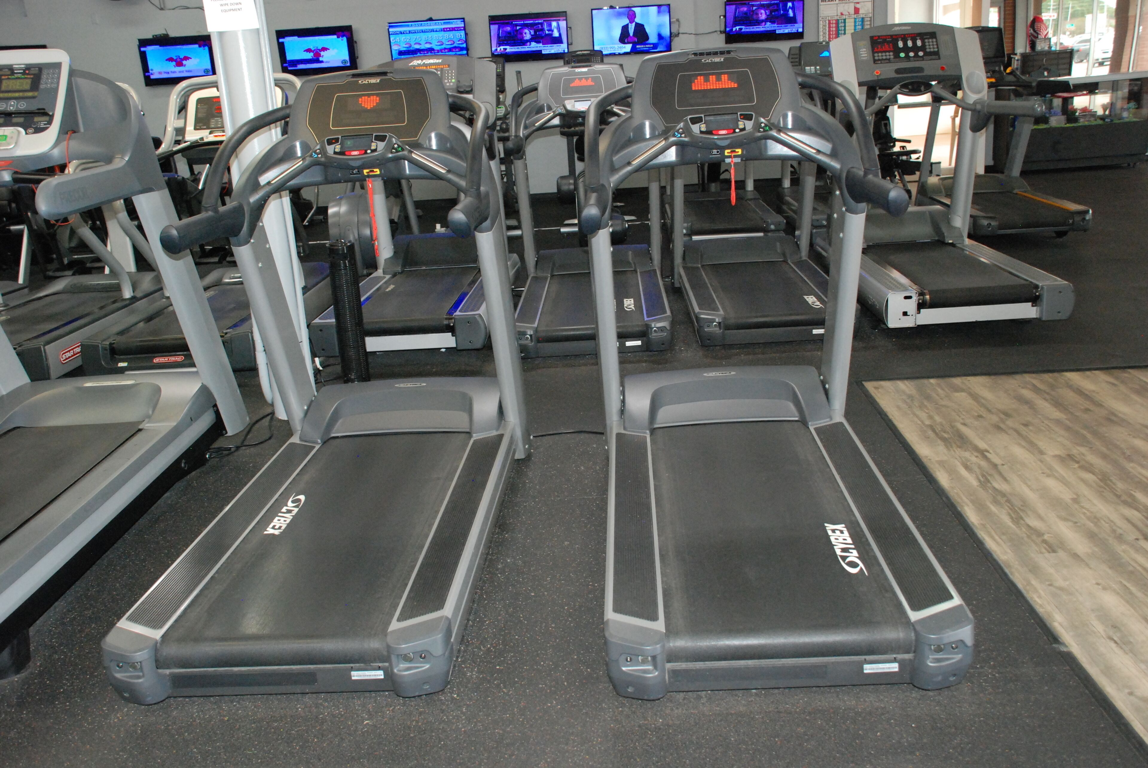 A row of treadmills in a gym with digital screens displaying workout videos.
