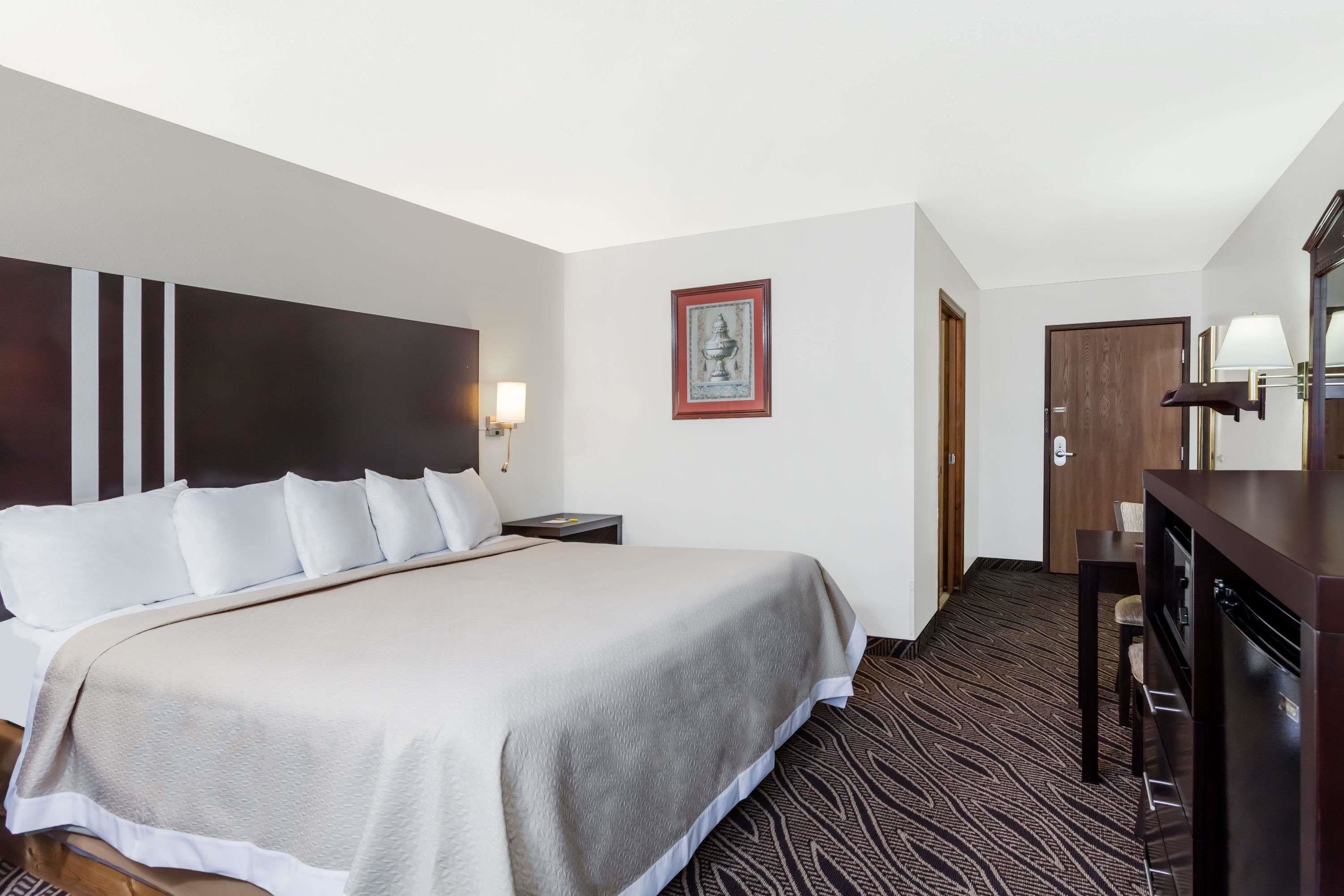 A hotel room with a large bed, a desk, a chair, a lamp, and a framed picture on the wall.