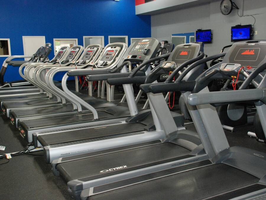 A row of treadmills in a gym with blue walls and digital screens on the wall.