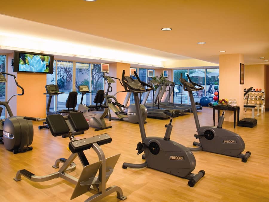 A gym with various exercise equipment, large windows, and a television screen.