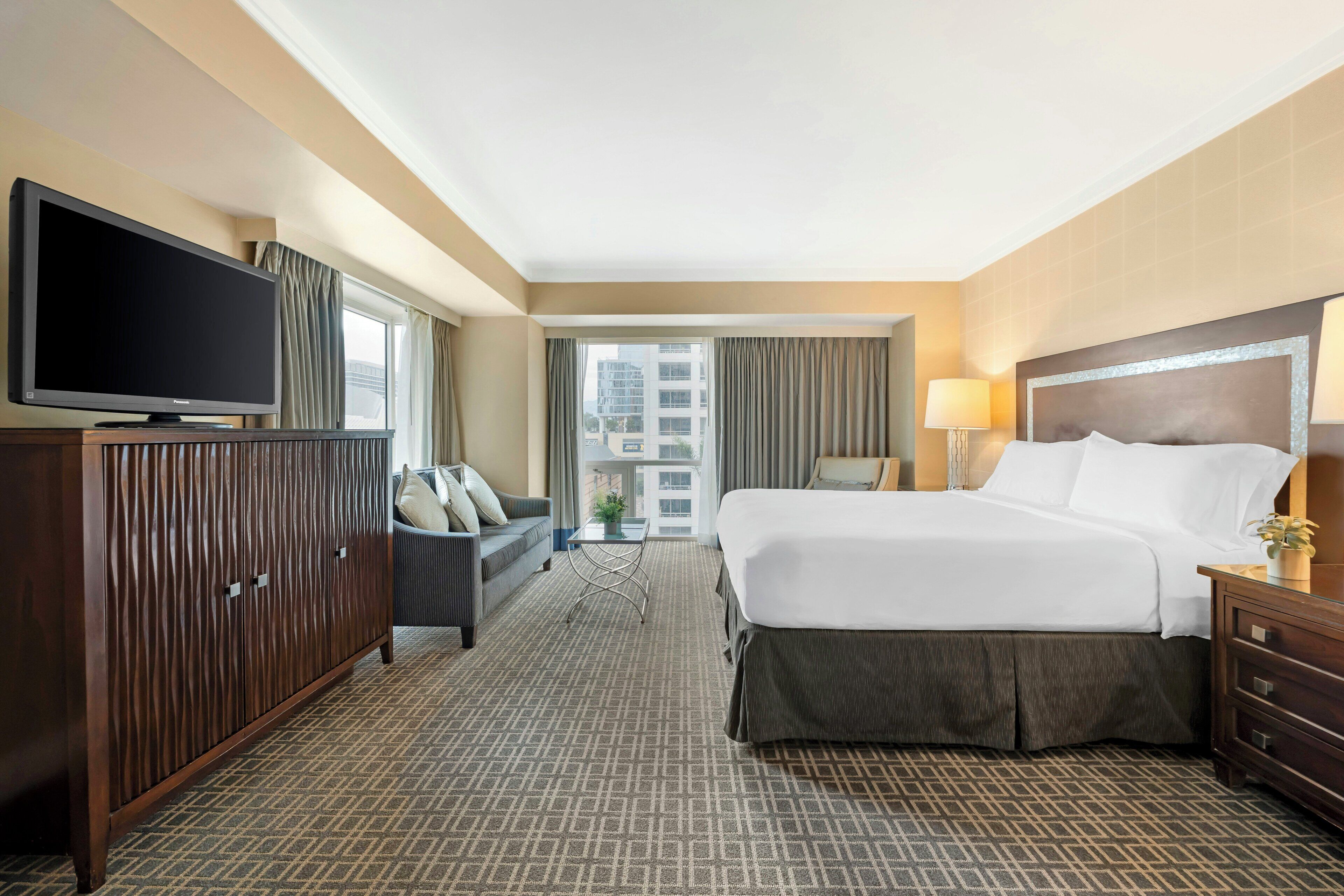 A hotel room with a large bed, a TV, a desk, and a view of the city.