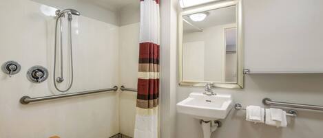 A bathroom with a shower, grab bars, a sink, and a mirror.