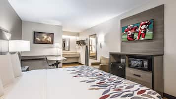 Desk, blackout drapes, cribs (free), WiFi (free)