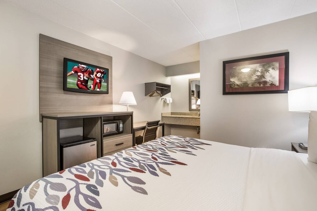 A hotel room with a bed, a desk with a computer, a TV, a mirror, and a framed picture on the wall.
