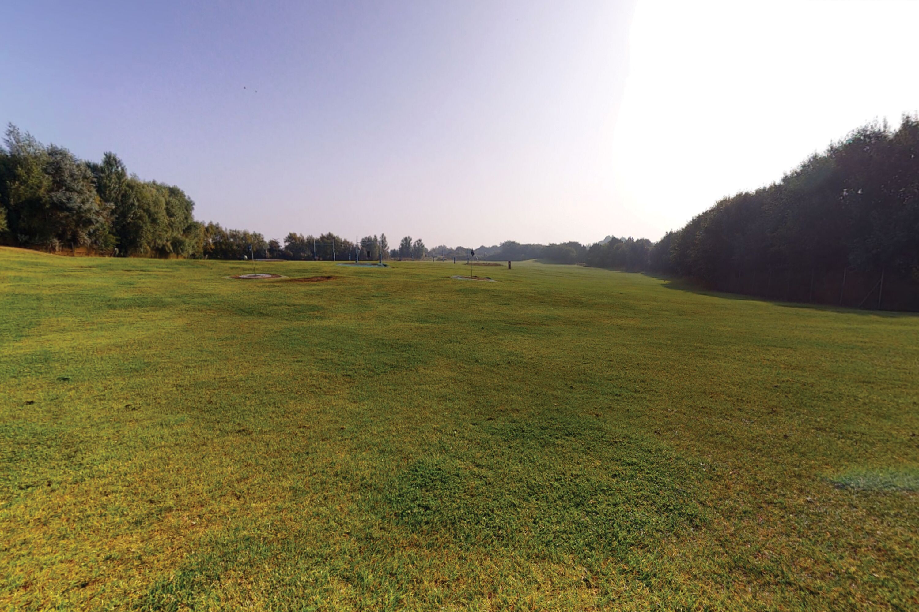 A large open grassy field with trees in the background.