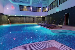 Indoor pool, outdoor pool, pool loungers