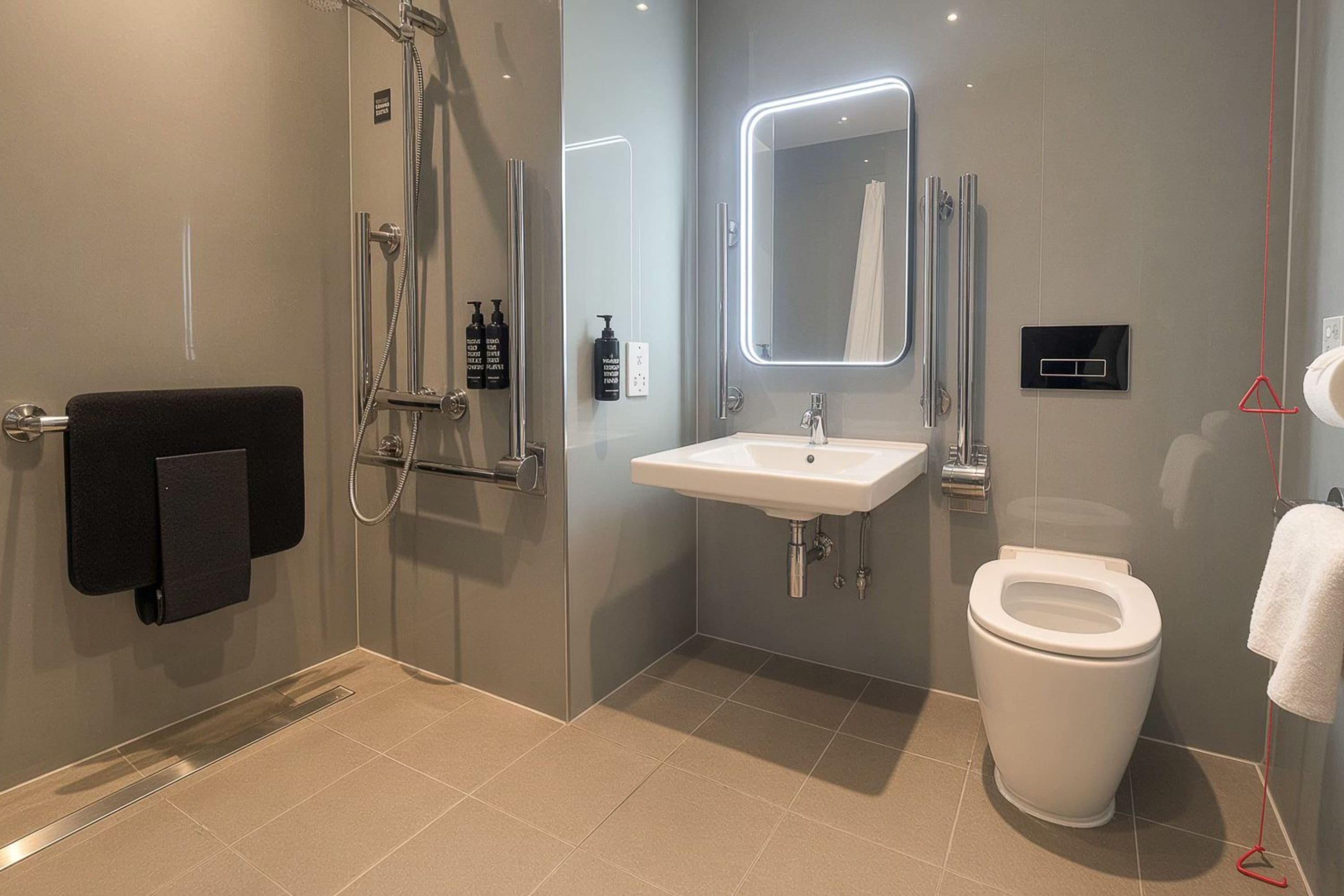 A modern bathroom with a glass shower enclosure, a white sink, and a toilet.