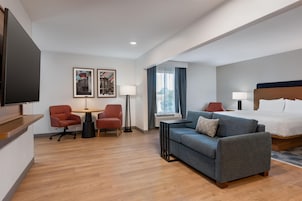 Habitación de hotel con cama, sofá, dos sillones, escritorio, televisor de pantalla plana y dos cuadros en la pared.