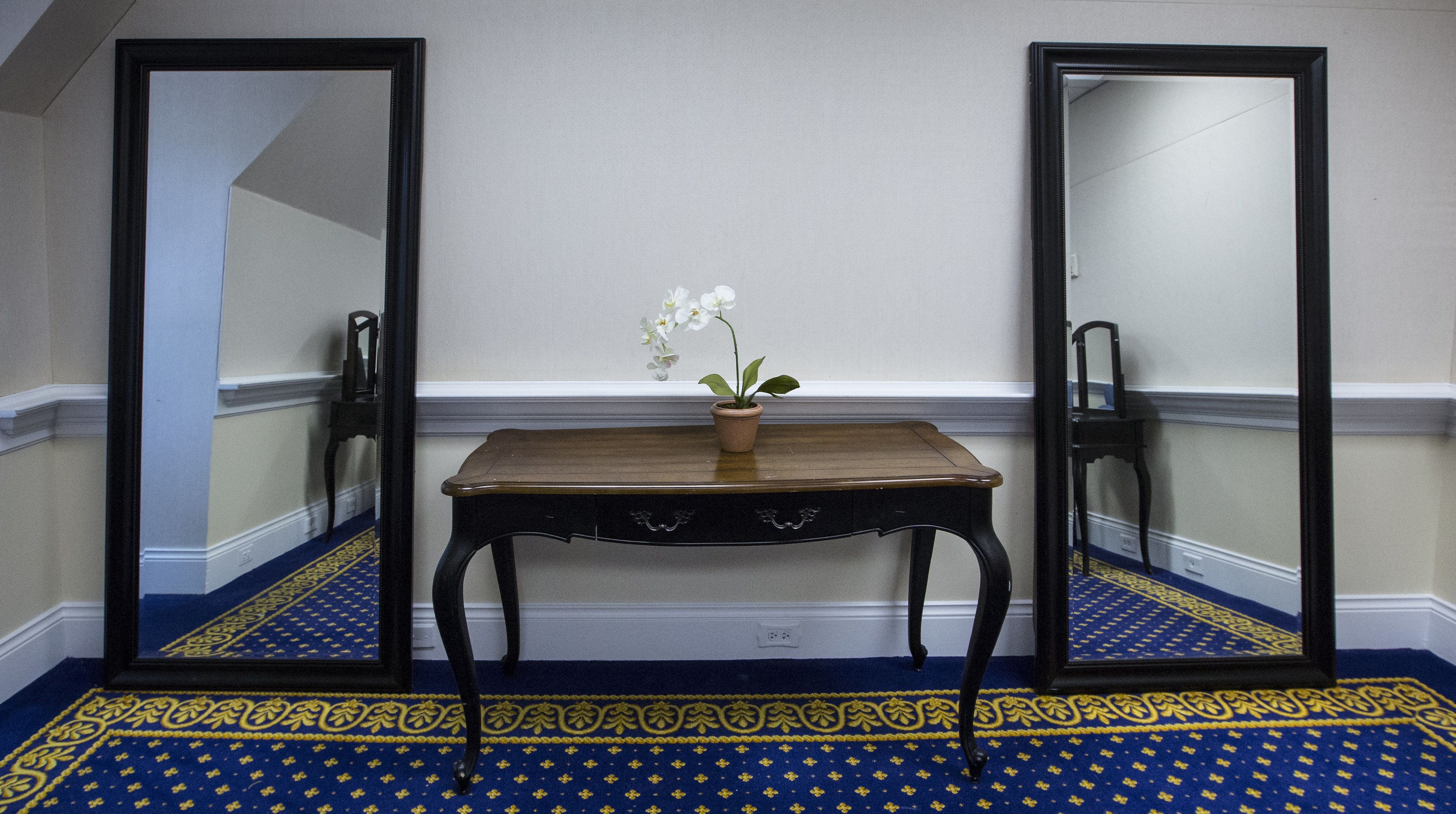 Una habitación con alfombra de diseño azulado, una mesa de madera con una orquídea en maceta y dos espejos a cada lado.