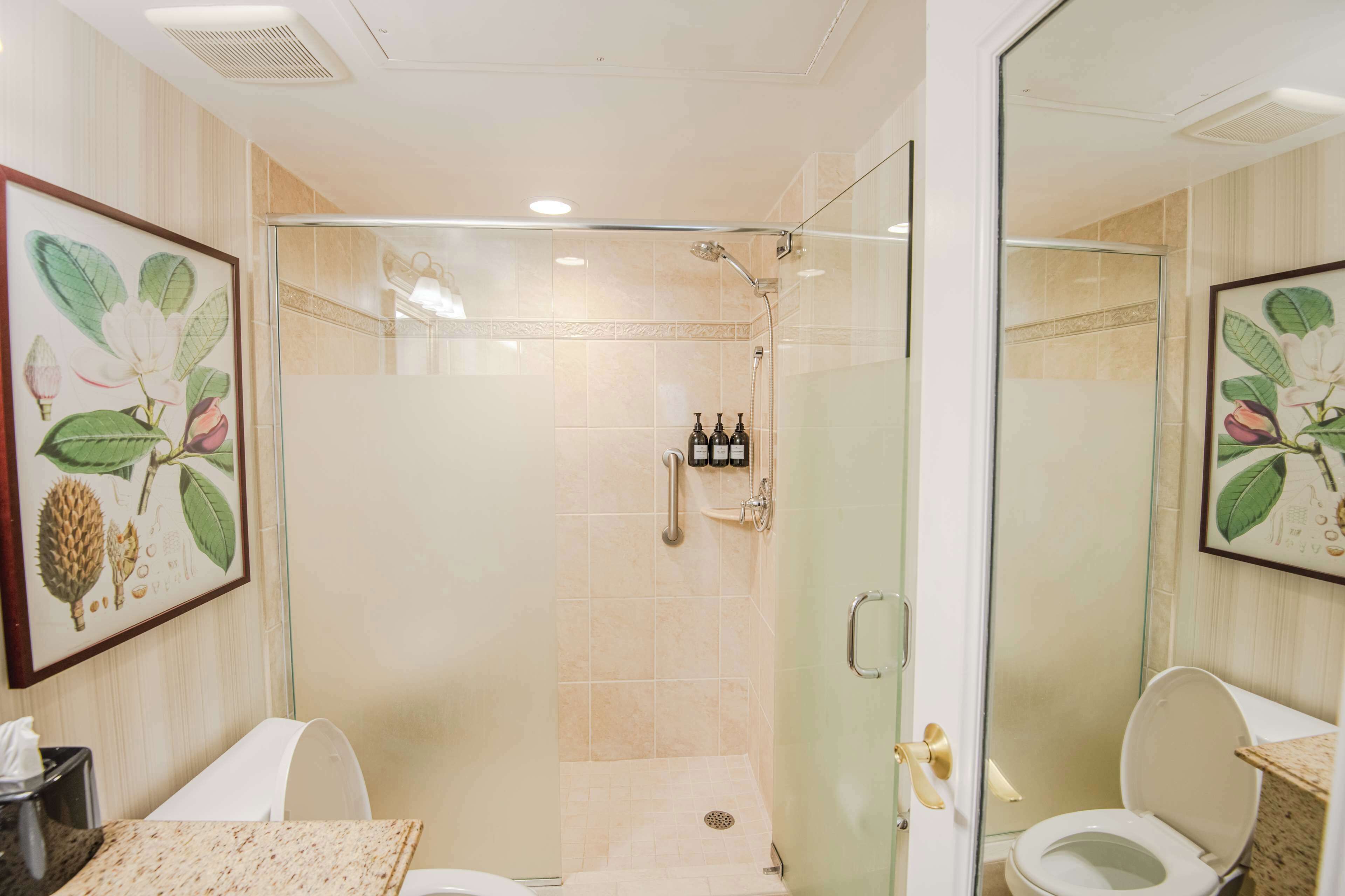 A bathroom with a shower, toilet, and sink. There are framed botanical prints on the walls.