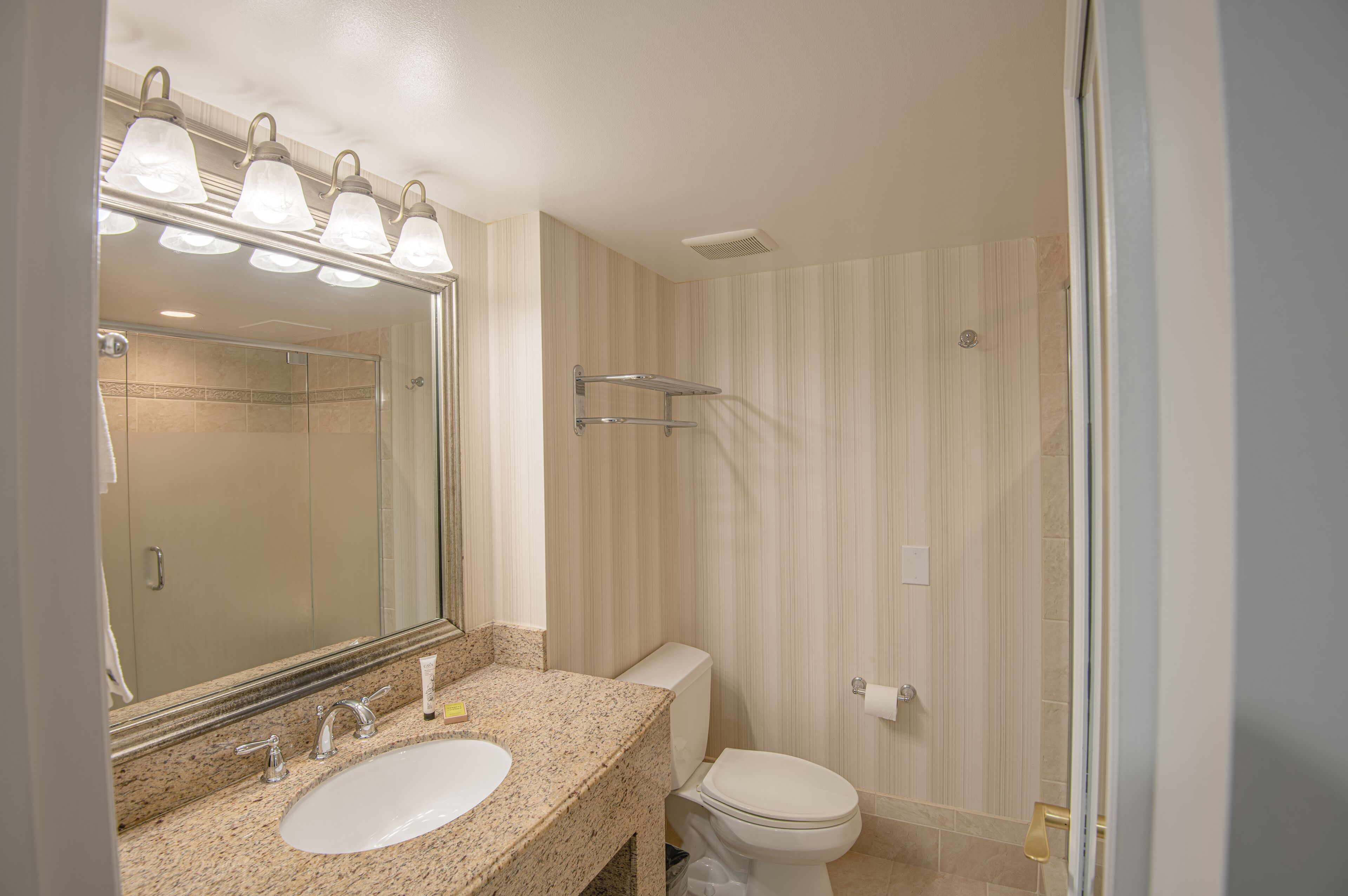 Une salle de bain avec un lavabo doté d’un plan de travail en granit, un miroir, des toilettes et un espace douche.