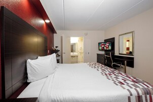 Habitación de hotel con cama, televisor, espejo y puerta que da a un baño.